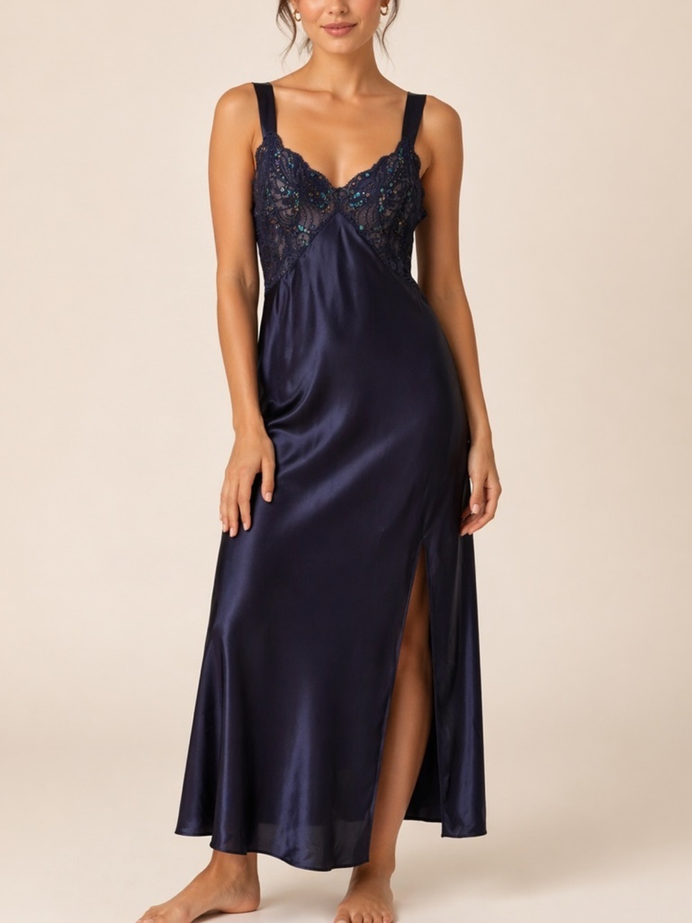 Victoria Secret Vintage Slip Dress Gold Label Lace Sequin Navy Violet Size Large